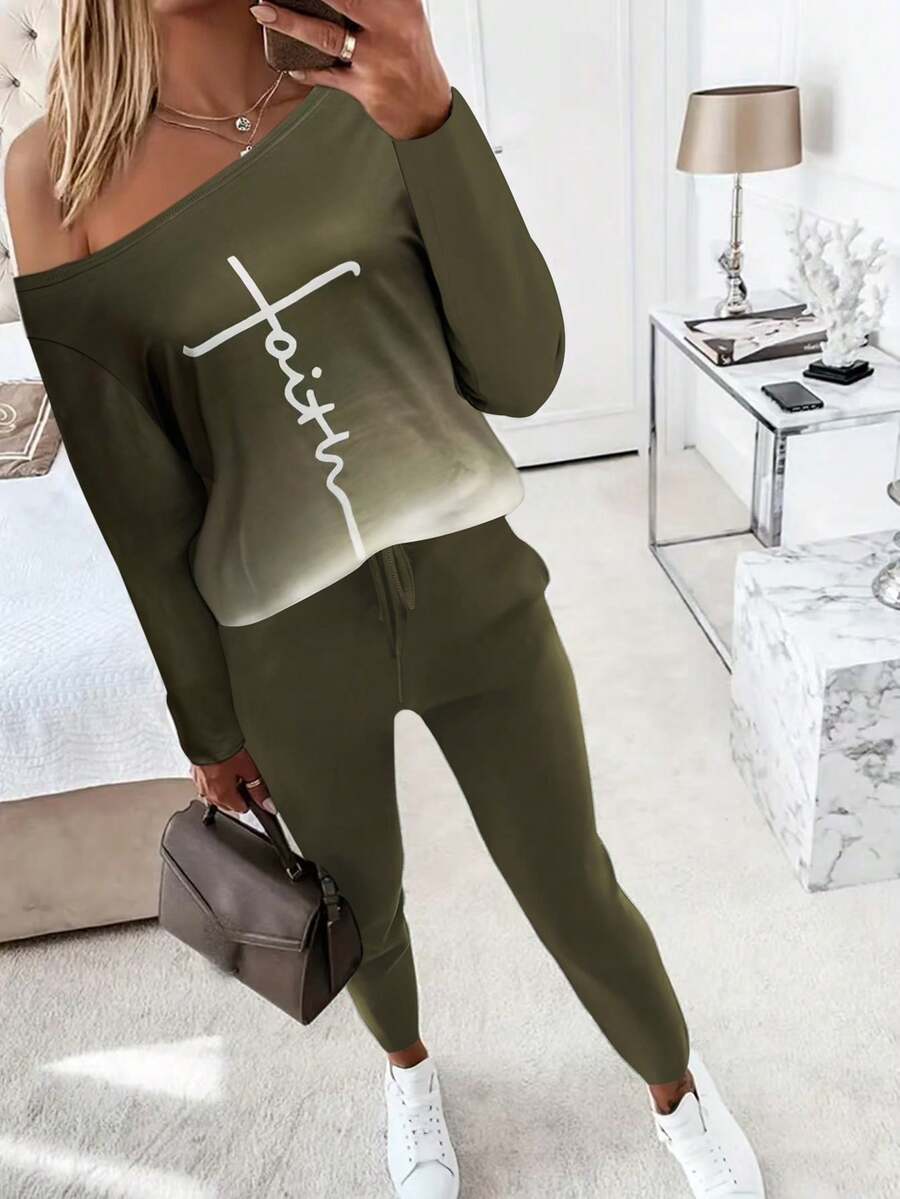 Women's Casual Printed Short Sleeve Top And Pants 2 Pieces Set