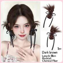 2 pezzi Parrucca sintetica integrata con fermagli, lunghezza 20cm/8 pollici, dolce e versatile, con fiocco e doppio chignon