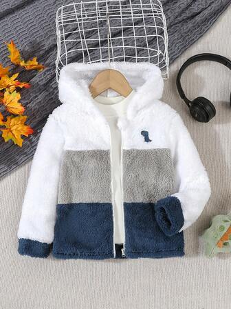 Young Boy Plush Color Block Hooded Jacket, Dinosaur Embroidery Thick Outerwear, Kids Zip-Up Cardigan Coat
