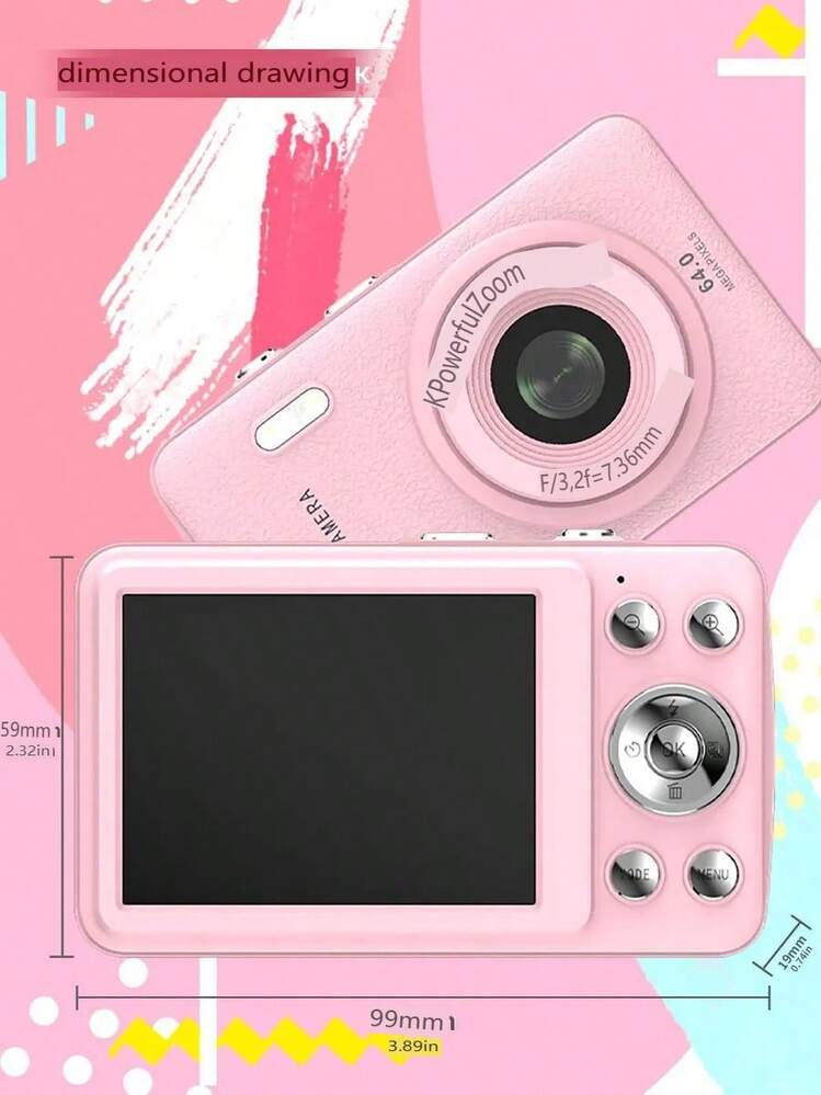 W&O 2025 48MP 1080P Full HD Digital Camera - 2.4-Inch Portable Auto-Focus Vlogging Camera With 32GB Card & 16X Zoom | USB-C Rechargeable,  Puzzle Game - 粉色 - 查看 7
