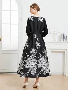 Luxury Jacquard Women's Long Sleeve Black V-Neck Party Dress