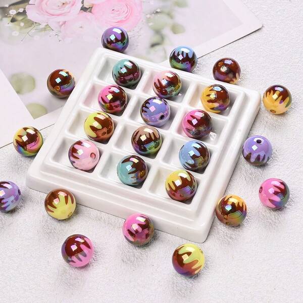 10 piezas de 16 mm Cuentas redondas de acrílico con baño UV de colores de moda, estilo crema de chocolate con agujero recto, cuentas sueltas para hacer joyas DIY como pulseras, collares, adornos de bolígrafos, cadenas de teléfono y decoración