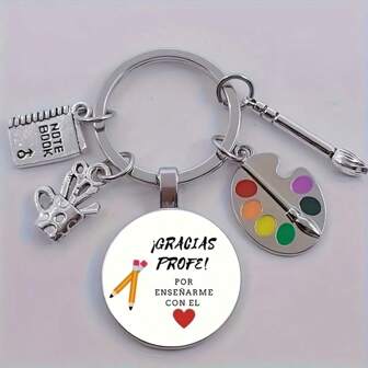 1 Time Stone Thank You Teacher Keychain, Artist Palette, And Pencil, Thank You Teacher! Glass Circular Keychain, Thank You Accessory In Spanish