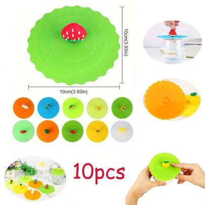 10 dust-proof cup lids with fruit handles, silicone cup lids, silicone glass cup lids, reusable silicone cup lids, affordable products that are perfect for gatherings, festivals, parties, and home decor