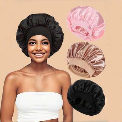 1顶缎面软边蓬松卷发睡帽，大号，涤纶材质，护发帽，睡眠帽