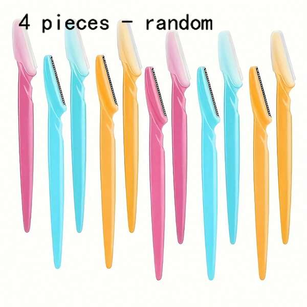 4pcs Random Color Stainless Steel Eyebrow Razor, Sharp Textured Long Handle Eyebrow Trimmer, Safe Type Anti-Scratch Eyebrow Grooming Tool