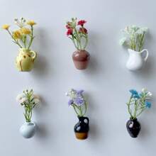 Mini Vase Magnets For Fridge 6PCS - 3D Ceramic Tiny Plant Vase Magnets Fridge Decoration Set Design For Refrigerator, Lockers & Office Spaces (1pc, 3pcs,6pcswith Flower)