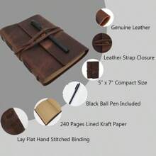 Leather Journal Writing Notebook Genuine Leather Bound Daily Notepad For Men Women Lined Paper 240 Kraft Pages, Handmade, Rustic Brown, 5x 7 In