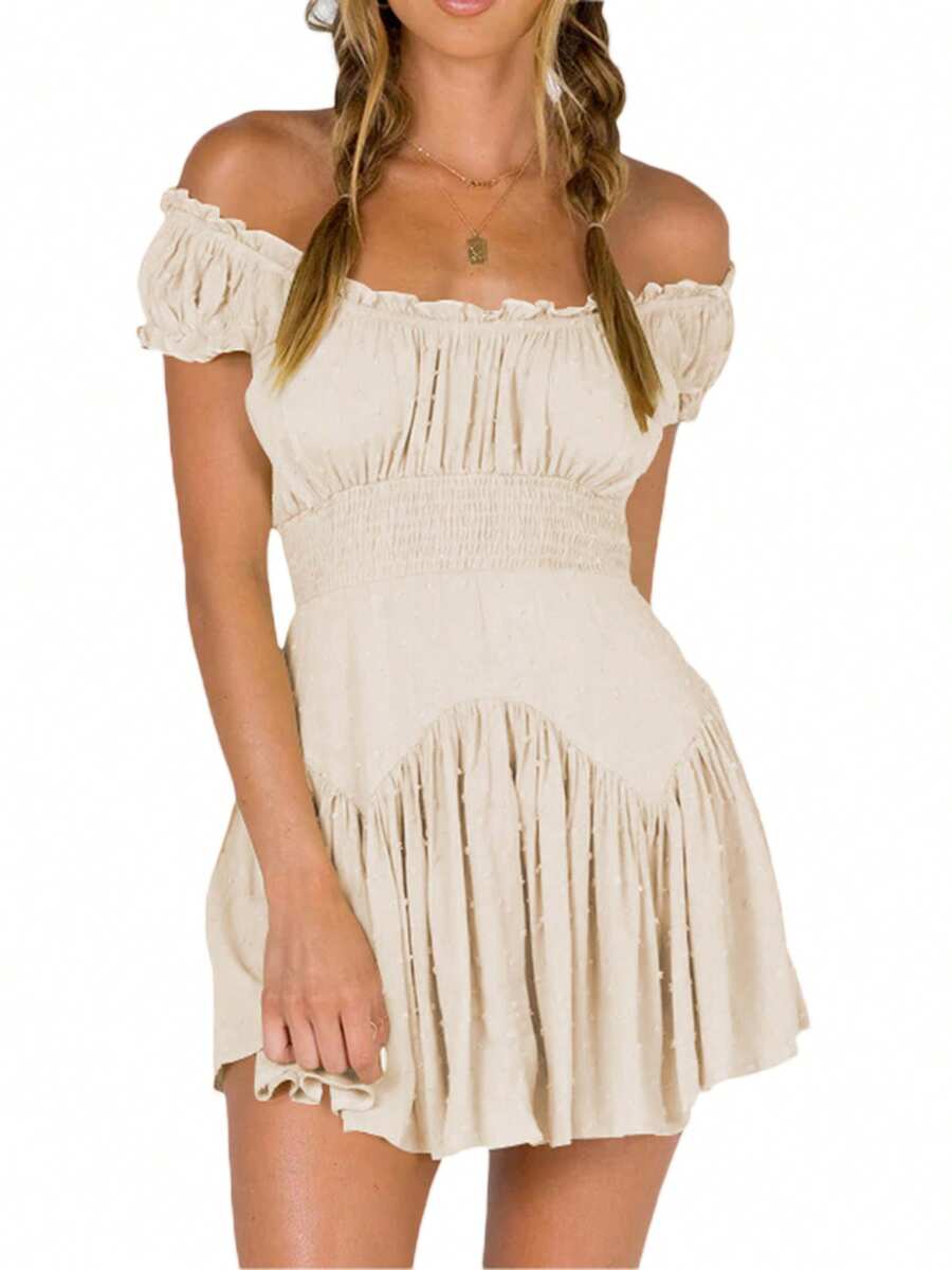 Women Flowy Pirate Dress Fairy Short Sleeve Y2k Off Shoulder Ruffle Corset Mini Dresses - 杏色 - 查看 1