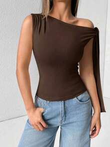 Elegant Suplex T-Shirt Top With Asymmetrical Shoulders And Straps, Ideal For Daily Use, Outings, Nightclubs, Parties, Halloween Costumes - 咖啡棕 - 查看 2