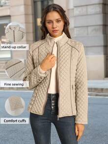 Giolshon Women's Casual Hooded Down Jacket, With Pockets, Lightweight Quilted Coat, Suitable For Spring, Autumn And Winter Daily Wear - Beige - View 2