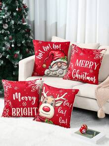 4Pcs Winter Christmas Pillowcase, Red Santa Claus Reindeer Snowflake Pattern Throw Pillow Cover Soft Cushion Cover,Linen Zippered Cushion Case For Porch Or Home (Single Side, No Pillow Core), Christmas Sofa Decoration Christmas Decorative Pillowcase, Christmas Decoration,Room Decor,Christmas Party Supplies,Christmas Gift,Xmas Decor,Home Decor,2026 New Year Decoration - Multicolor - View 2