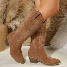 Fall/Winter Wite Fit Women's Retro Western Embroidered Low Heel Mid-Calf Cowboy Boots, Faux Suede Fashion Riding Boots Wide Fit - Khaki - View 4