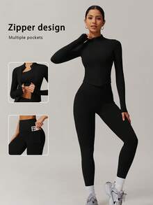 6pecil 2 Stücke/Set Damen Slim Fit Lässig Yoga Outfit, Langarm Top und lange Hose für Alltag Herbst/Winter Gym Set Trainingsanzug für Frauen