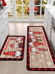 1 pieza Felpudo decorativo navideño de 40x60cm / 50x80cm / 40x120cm, diseño de estilo de tabla de madera vintage con patrón de gnomo rojo, adecuado para decoración navideña y de invierno del hogar, entrada, patio, decoración festiva