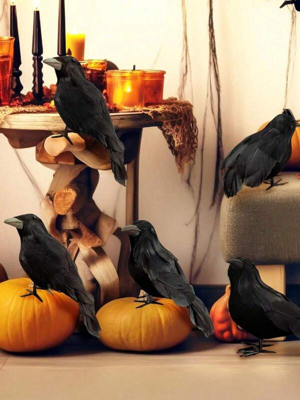 1 pieza/3 piezas/6 piezas Pluma realista de cuervo negro, decoración de animal de Halloween, decoración negra de cuervo espeluznante para interiores y exteriores, decoración de hogar, Halloween y otoño para la habitación
