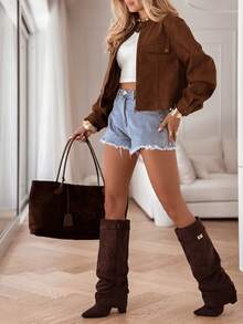 Women Short Faux Suede Zip-Up Jacket With Ribbed Trim Pockets, Solid Color, Casual Wear For Autumn/Winter - Brown - View 6
