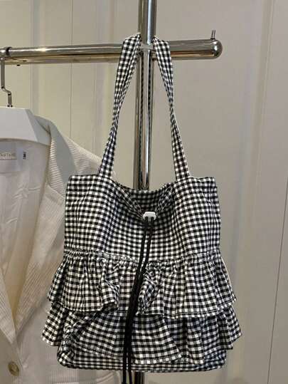 Bolso de mano tipo tote con borde de volantes efecto "hada", bolso de mujer de gasa, nueva moda primavera-verano 2025, gran capacidad con diseño cuadriculado oversize para el hombro/debajo del brazo