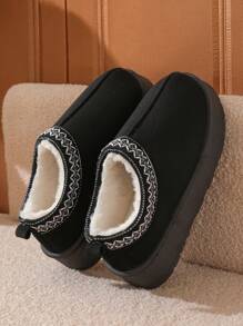 冬季畅销款蕾丝边一脚蹬拖鞋，女士及情侣款，保暖雪地靴，防滑厚底，简约复古室内/室外穿着 - 黑色 - 查看 3