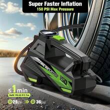 Carsun 轮胎充气机便携式空气压缩机轮胎气泵适用于汽车轮胎 - 汽车配件，150PSI 12V DC 自动泵带数字压力表，自行车应急 LED 灯，气球，绿色，汽车 - 有綫 - 查看 11