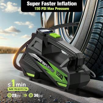  Inflador de neumáticos Carsun, compresor de aire portátil, bomba de aire para neumáticos de automóvil - Accesorios para automóvil, 150PSI 12V DC AutoBomba con manómetro digital, luz LED de emergencia para bicicleta, globos, verde, automóvil