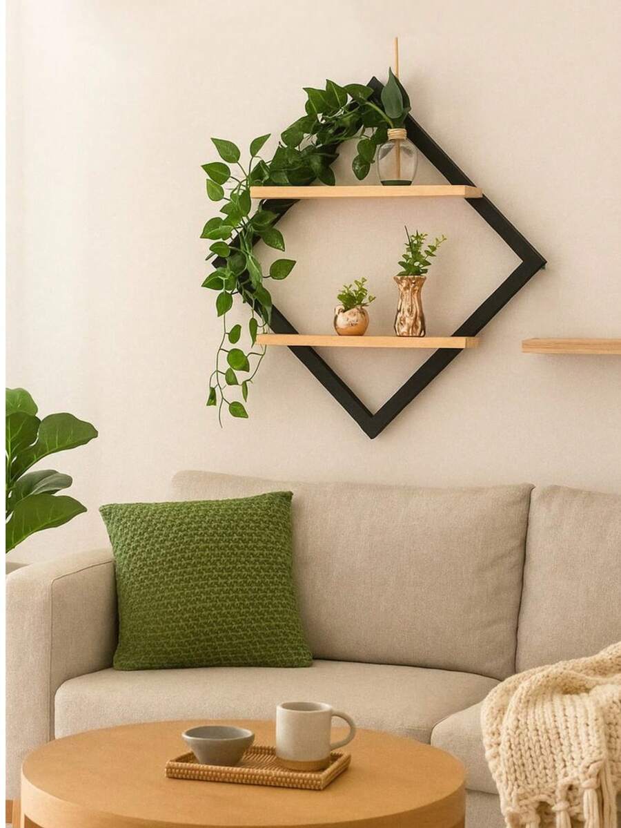 Decorative Hexagonal Shelf 43x43 Cm With 33x10 Cm Shelf Varnished Wood - 黑色 - 查看 1