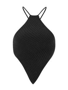 Women's Plain Halter Neck Knit Scarf-Style Crop Top With Tie Back And V-Neck Knitwear - màu đen - Xem 4