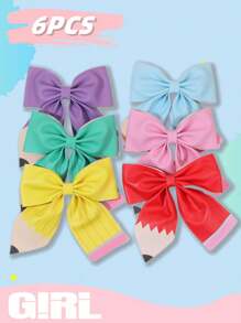 6 件装多色开学蝴蝶结发夹，可爱铅笔鳄鱼夹蝴蝶结，PU 皮革学校发饰，适合女孩、儿童开学第一天日常 - 彩色 - 查看 1