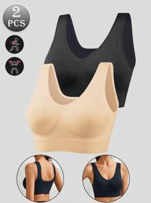 2 pezzi Reggiseni sportivi da palestra e yoga, senza cuciture, con raccolta, reggiseno da allenamento, schiena scoperta, top estivi da allenamento senza imbottitura, sottili, abbigliamento attivo di colore unito, traspiranti, senza anelli in acciaio, adatti per attività come corsa, yoga, pilates, ciclismo