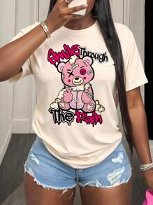 1 pieza Camiseta corta de manga corta con cuello redondo y estampado de letras casual para niñas, camiseta de estilo minimalista de letra inglesa para estudiantes de verano - Imaginación y autoexpresión