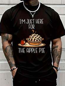 100% Cotton Men Tshirt I'm Just Here For The Apple Pie Shirt Funny Thanksgiving Pie T-Shirt - 黑色 - 查看 1