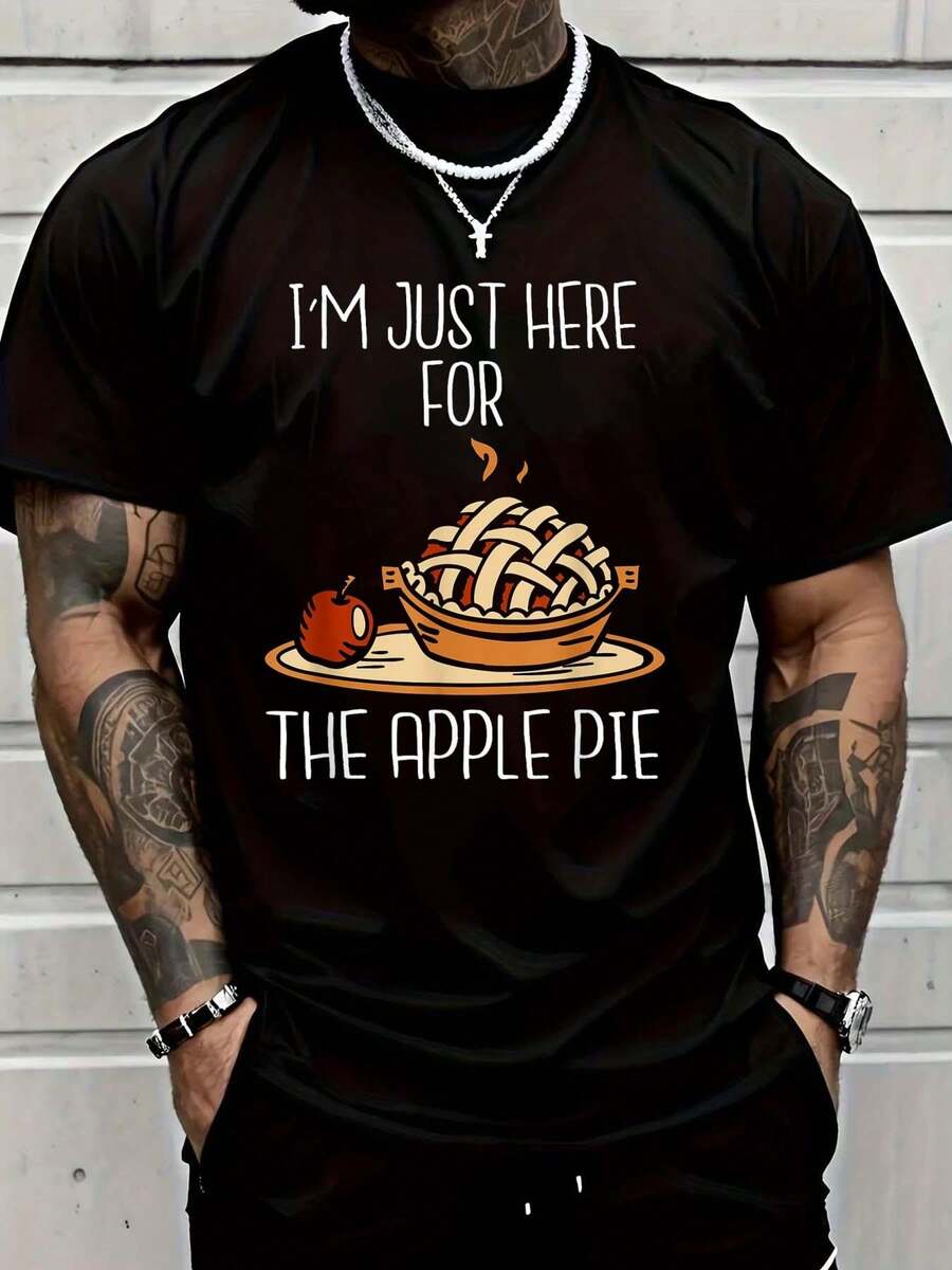 100% Cotton Men Tshirt I'm Just Here For The Apple Pie Shirt Funny Thanksgiving Pie T-Shirt - 黑色 - 查看 1
