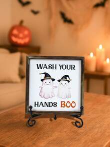 1pc 10*10cm/15*15cm Halloween Mini Bathroom Decor Painting, Wooden Halloween Witch Hat Ghost Design Bathroom Door Decoration, "Boo" Handwashing Reminder Decor With Cute Ghost, With Stand, Indoor/Outdoor Use, Horror Home Decor, Room Decoration, Halloween Desktop Ornament, Living Room Bathroom Decoration - Halloween Ghost - View 8