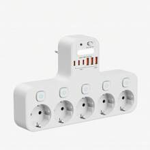 5AC 6USB European Standard Power Socket With Light Sensor Smart Night Light, Independent Outlet Switches With Overload Protection, Suitable For Bedroom, Living Room, Study, Kitchen, Etc.