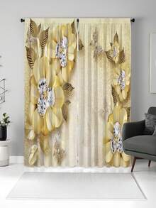 2pcs Elegant Yellow Floral High Definition Digital Print Curtains, Semi-Sheer Polyester Fabric With Rod Pocket Design - Suitable For Living Room, Bedroom, Kitchen, Cafe, Adding Style (Print Effect, No Valance) Single Layer Digital Print Curtain - Multicolor 1 - View 8