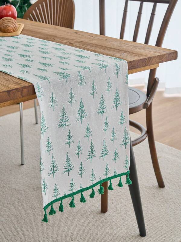 1 pieza Camino de mesa estilo vintage americano, base blanca con estampado de árbol de Navidad verde con lentejuelas, rectangular con flecos, adecuado para fiestas de Navidad, decoración del hogar