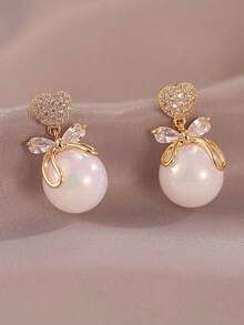 1pc Delicate Faux Pearl Earrings, Cute Heart Crystal Bowknot Charming Sweet Celebrity Earrings - Multicolor - View 4