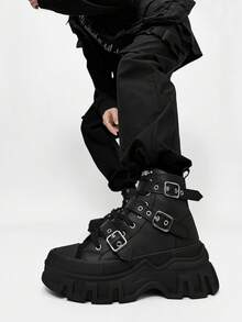 SLnU3 男士时尚厚底摩托车靴，纯色朋克街头学院风休闲工作服风格夜店户外扣式酷炫四季百搭