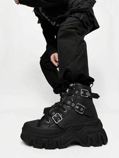 SLnU3 男士时尚厚底摩托车靴，纯色朋克街头学院风休闲工作服风格夜店户外扣式酷炫四季百搭