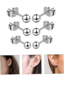 6pcs/Set Stainless Steel Hypoallergenic Small Stud Earrings | 3-5mm Ball Studs | Suitable For Daily Wear And Holiday Outfits | Perfect Body Piercing Jewelry Gift - Ball Earrings - View 4