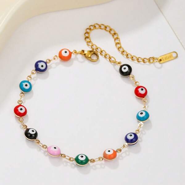 1pc Men's Bohemian Colorful Vintage Stainless Steel Devil's Eye Bracelet