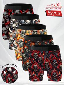 5 Pack Of Men's Novelty Shorts, Skull Pattern Print, Polyester Stretch Fabric, Soft And Skin-Friendly, Quick-Drying And Breathable, Naughty And Cute Men's Casual Long Boxer Briefs - Multicolor - View 1