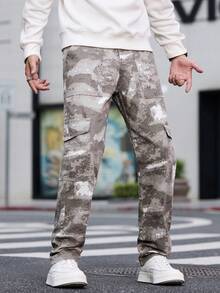 1pc American Casual Brand Camouflage Men's Multi-Pocket Skinny Jeans, Comfortable Washed Denim Pants (No Belt Or Accessories) - Beige - View 7