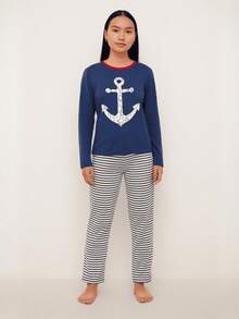 Women's Winter Long Pajamas Women Knitted Fabric Long Sleeve - Màu xanh hải quân - Xem 1