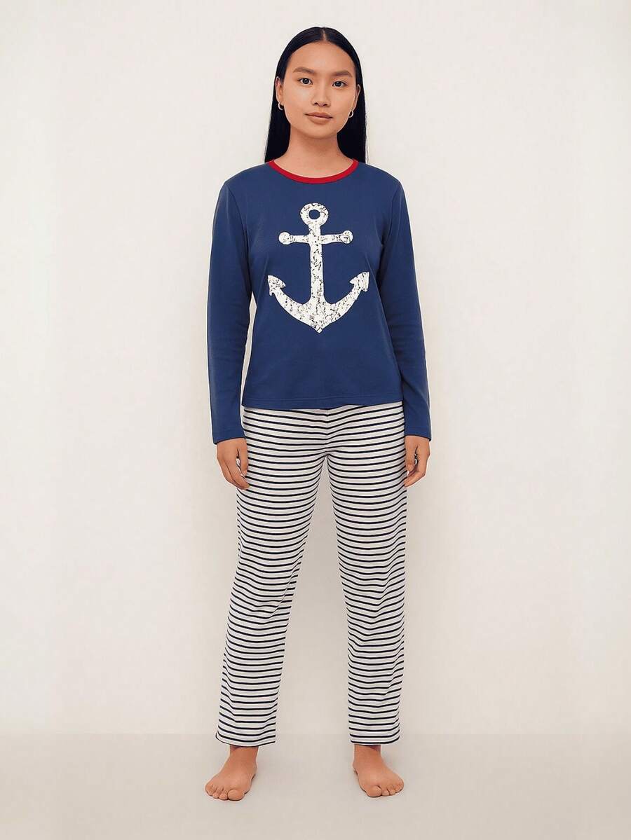 Women's Winter Long Pajamas Women Knitted Fabric Long Sleeve - Màu xanh hải quân - Xem 1