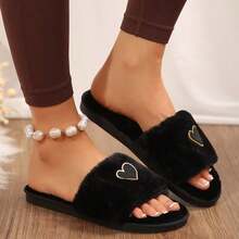 Women's Fashion Heart Decor Plush Slippers, Soft & Comfortable For Women, Suitable For Living Room And Bedroom, All Seasons