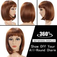 BARSDAR Brown Bob Wig With Bangs, 12 Inch Brown Wigs For Women, Short Brown Wig With Bangs, Super Soft Straight Bob Wig, Colorful Synthetic Wig For Daily Use, Cosplay, Halloween(Auburn) - Auburn - 查看 2
