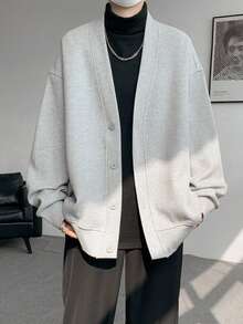 Men's Waffle Cardigan, Open-Front Jacket, Lightweight Outerwear, Long Sleeve, Solid Color, Hooded, Button-Up, Plus Sizes, Perfect For Spring, Fall, And Winter, Loose Fit