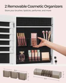 SONGMICS Mirror Jewelry Cabinet, Wall Or Door Mounted Jewelry Storage, Lockable, With 2 Plastic Cosmetic Organizers - 白色 - 查看 6