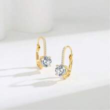 1pair French Style Copper Micro-Set Cubic Zirconia Earrings, Versatile And Exquisite Elegant Design Ear Studs For Women's Banquet And Wedding Wear - 多鑽 - 查看 3